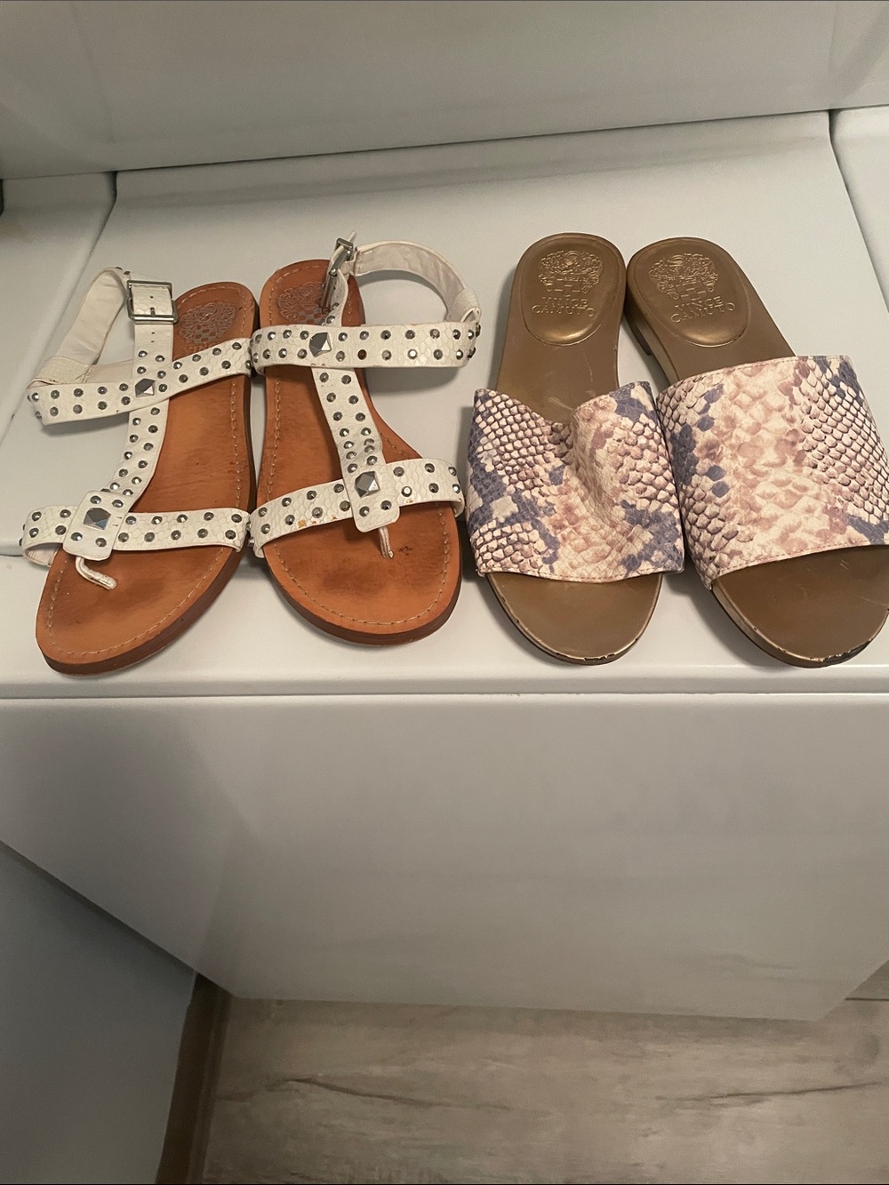 White Studded Leather T-Strap Sandals - Women
